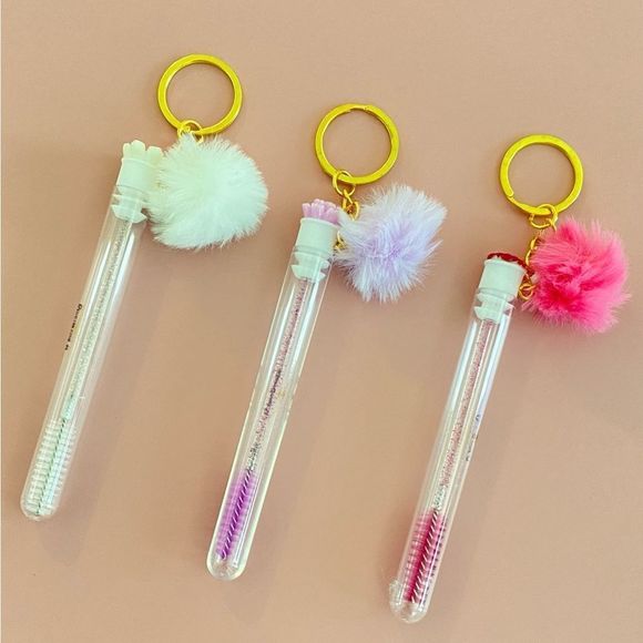 3pcs Tube Eyelash Brush/Spoolie with Furball & Gold Keychain | Mascara Wand - Picture 1 of 6
